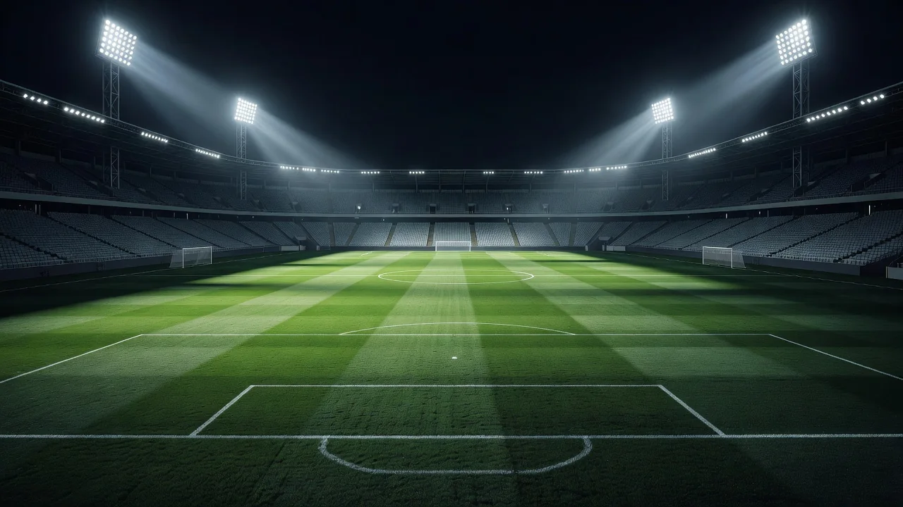 Stadion piłkarski nocą oświetlony reflektorami
