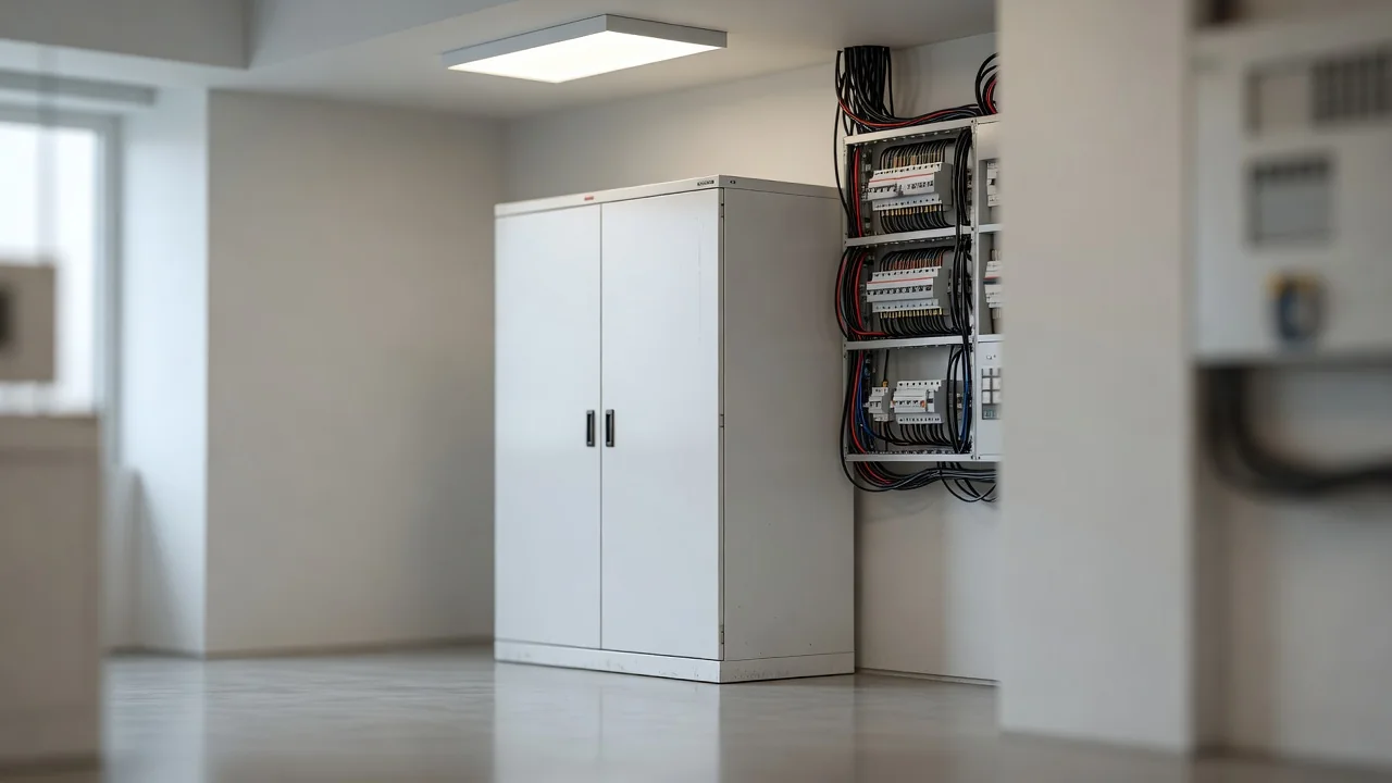 Biała szafa bateryjna magazynu energii stojąca w pomieszczeniu technicznym obok rozdzielni