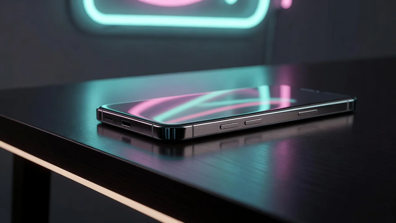 Zbliżenie na smartfon z neonowym odblaskiem