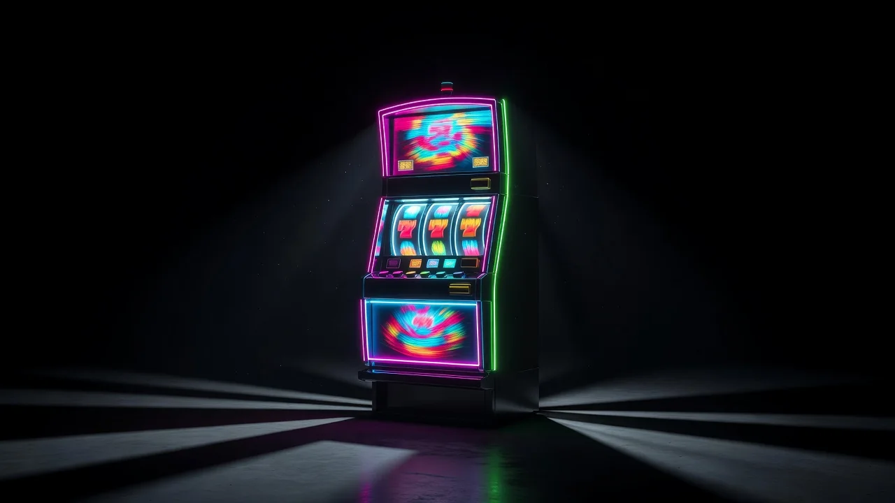 Neonowa sylwetka automatu w ciemnym pomieszczeniu