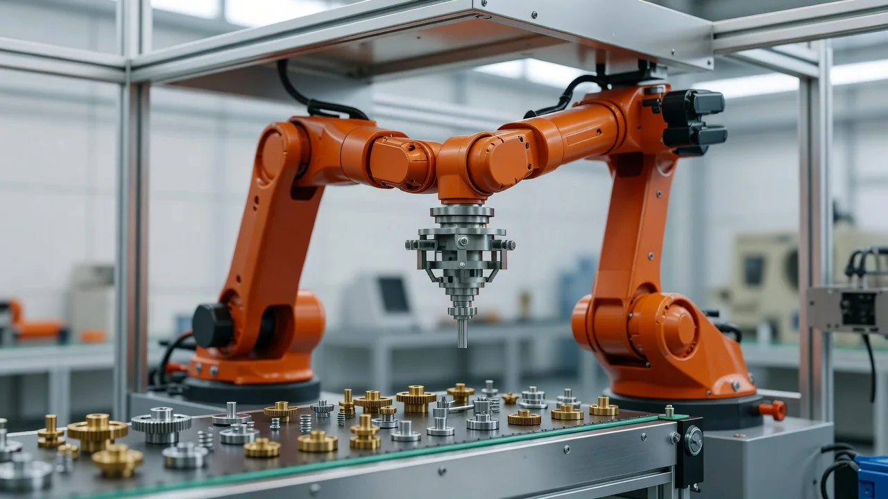 Pomarańczowe ramię robota przemysłowego nad linią montażową w czystej hali fabrycznej