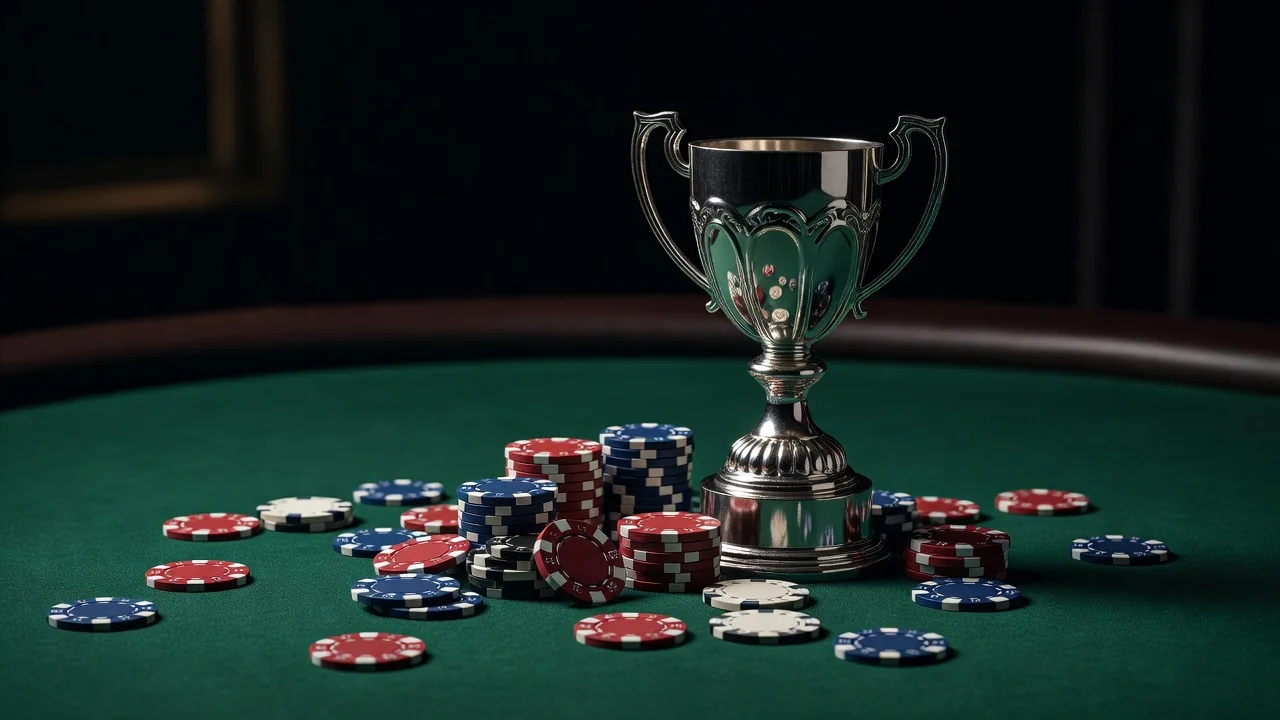 Srebrny puchar na stole pokerowym