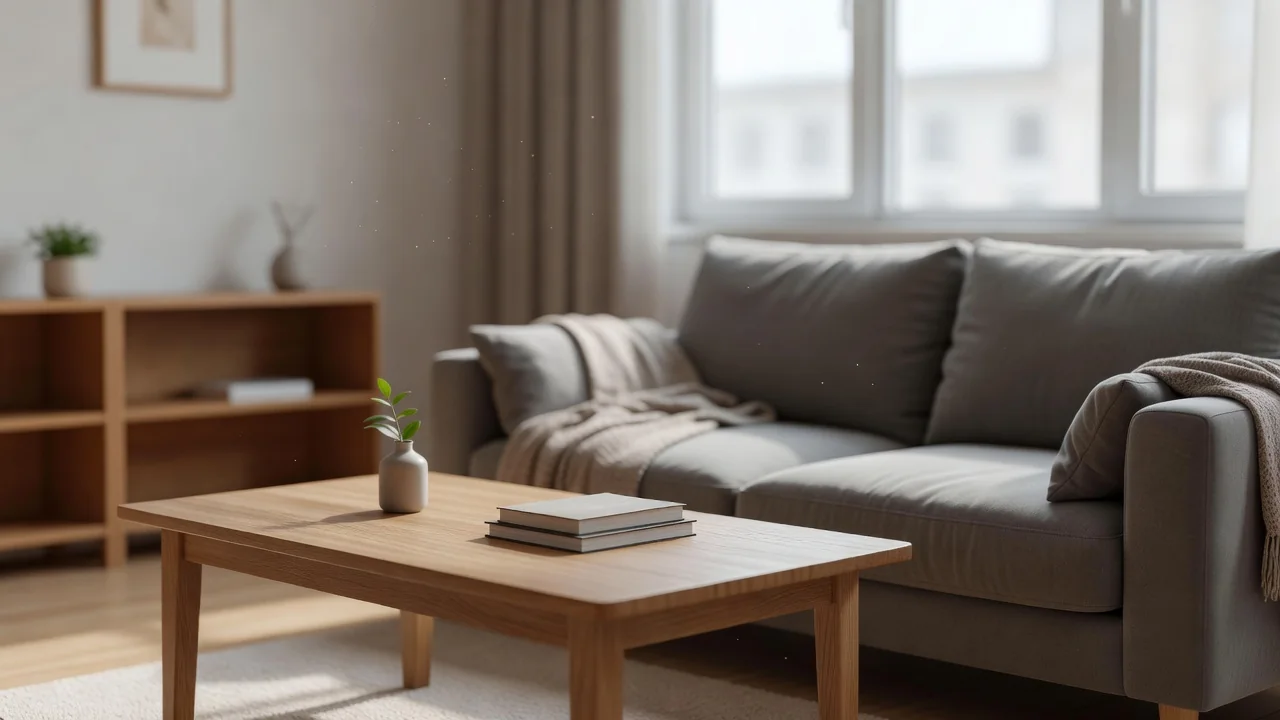 Przytulny salon apartamentu na wynajem z kanapą, stolikiem kawowym i dużym oknem