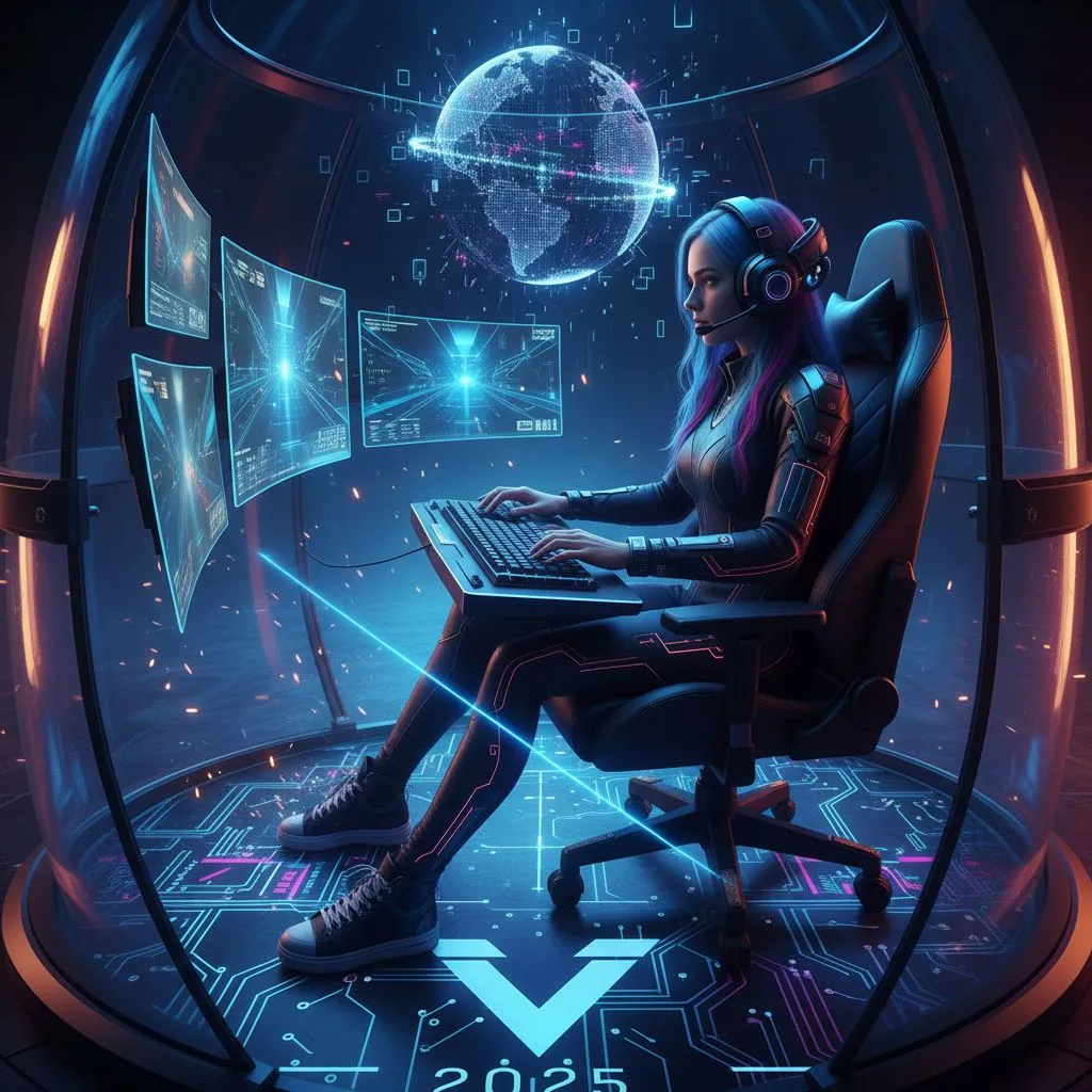 Zdjęcie przedstawiające profesjonalnego gracza esportowego w akcji, z dynamicznym oświetleniem i futurystycznym otoczeniem, bez napisów, symbolizujące rywalizację i zaawansowaną technologię w esporcie 2025.